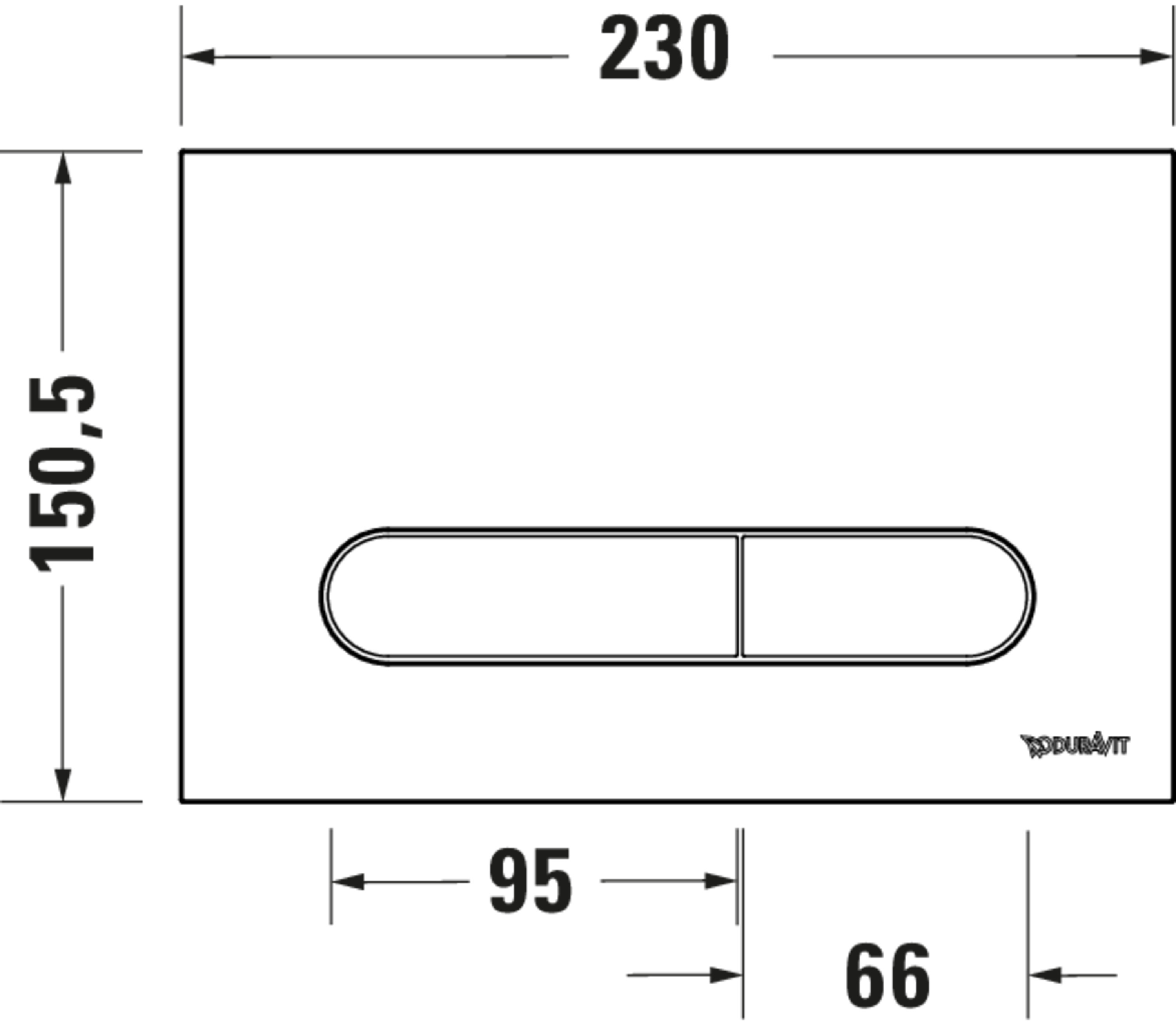 Technische Zeichnungen, Modell Nr.: WD5009, Betätigungsplatte mechanisch für WC, 230 x 150,5 x 6,5 mm