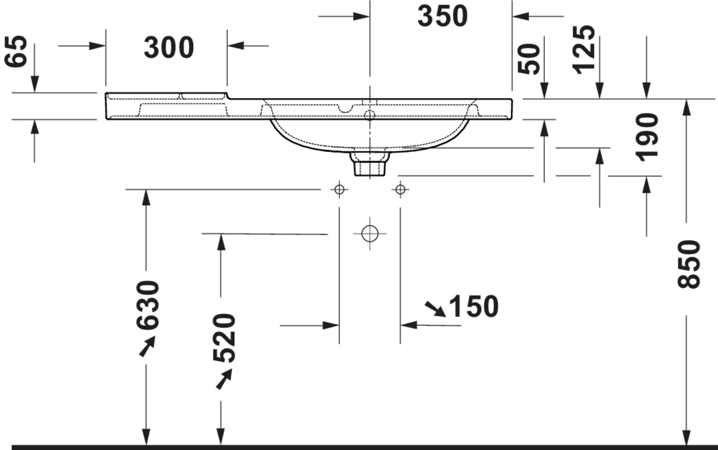 Technische Zeichnungen, Modell Nr.: 239010, Waschtisch, 1000 x 190 x 500 mm