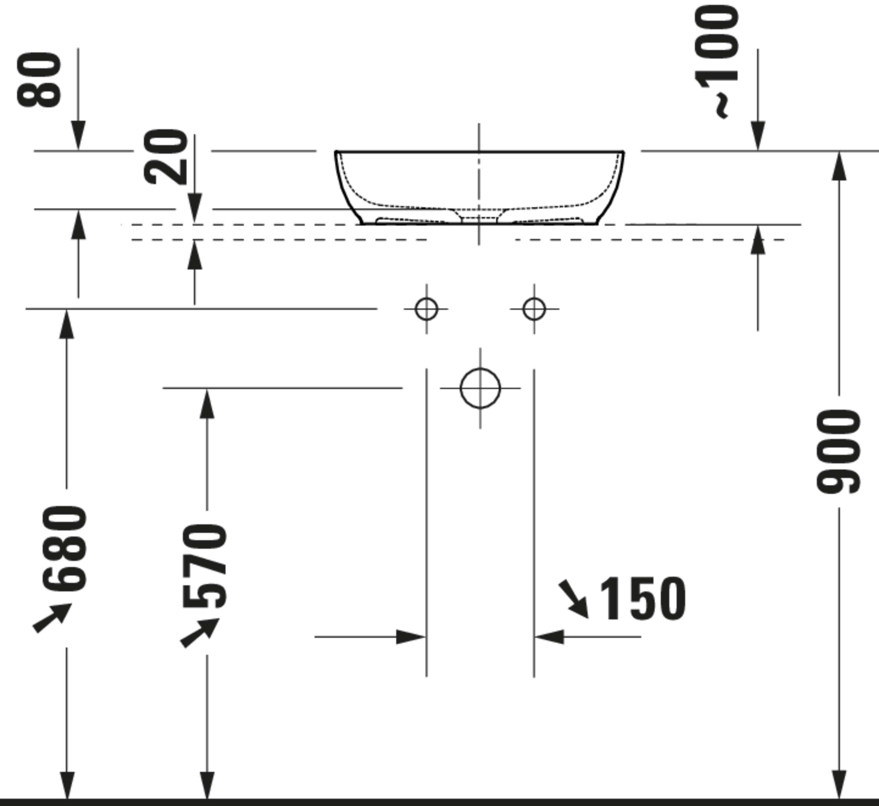 Technische Zeichnungen, Modell Nr.: 266001, Aufsatzbecken, 400 x 105 x 400 mm