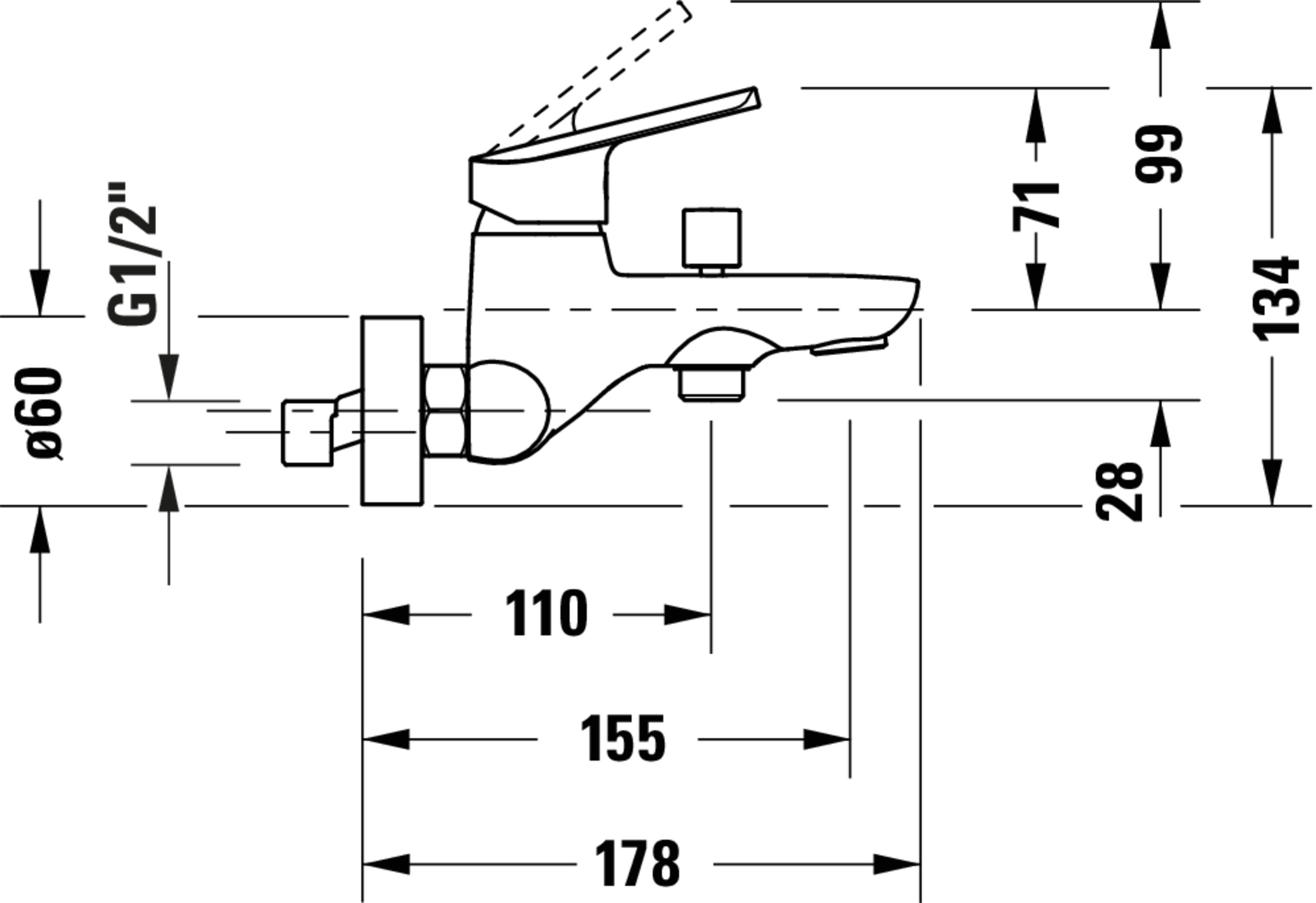 Technische Zeichnungen, Modell Nr.: N15230000, Einhebel-Wannenmischer Aufputz, 216 x 137 x 178 mm