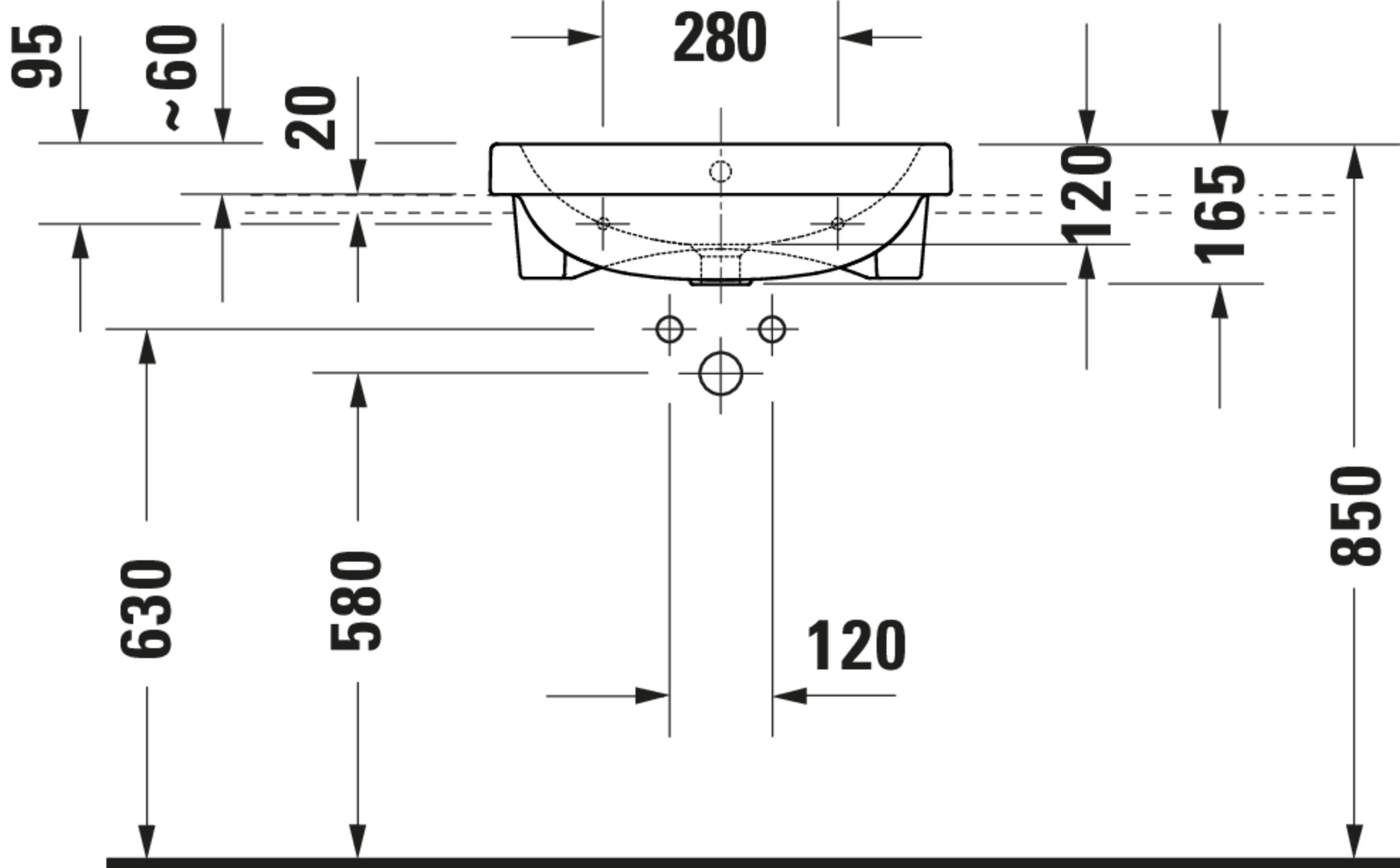 Technische Zeichnungen, Modell Nr.: 240355, Halbeinbauwaschtisch, 550 x 165 x 455 mm
