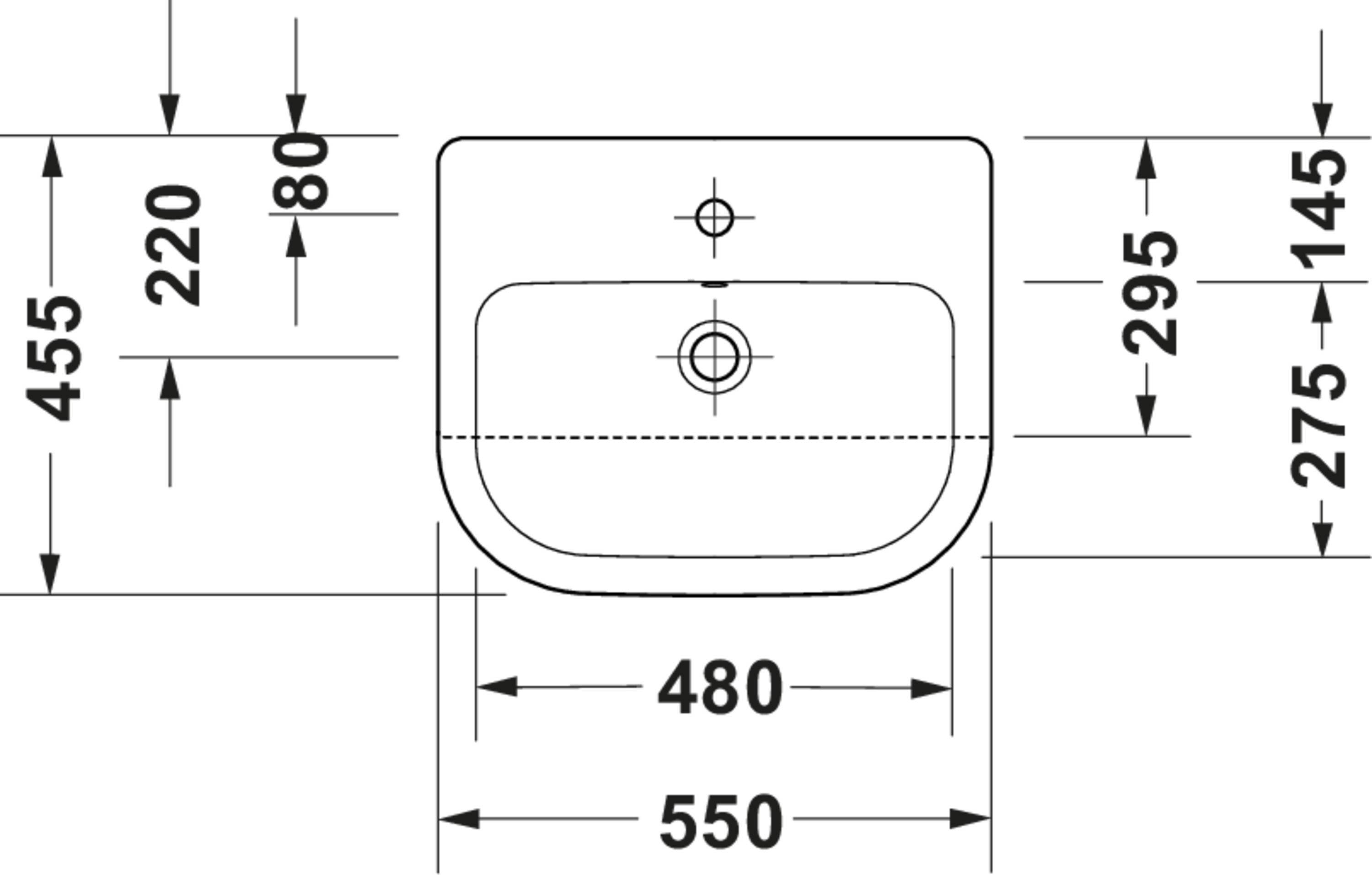 Technische Zeichnungen, Modell Nr.: 240355, Halbeinbauwaschtisch, 550 x 165 x 455 mm