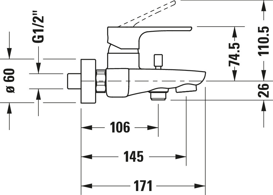 Technische Zeichnungen, Modell Nr.: B15230000, Einhebel-Wannenmischer Aufputz, Chrom, 209 x 101 x 171 mm